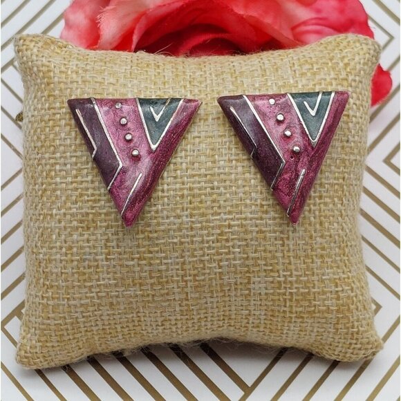 Oops a Daisy Purple Enamel Triangle 80's Earrings Pierced Art Deco 1.25" - Picture 2 of 11